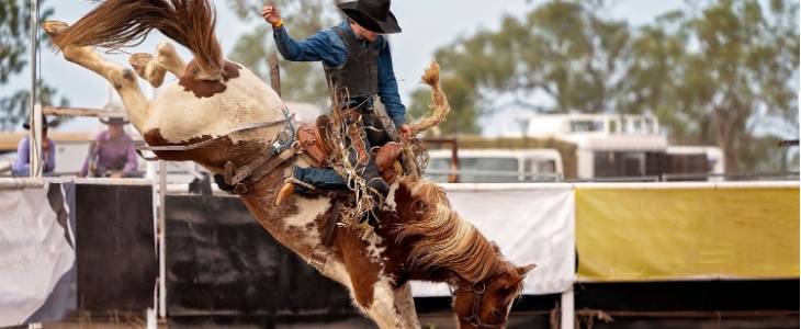 a man rides a horse at a rodeo